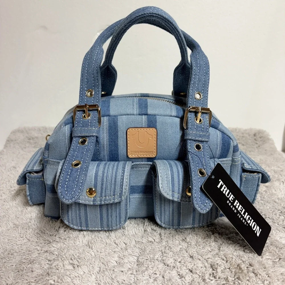 True Religion Denim Striped Satchel Handbag Blue Y2K Bowler Bag New With Tags